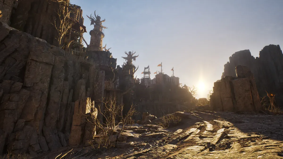 ArcheAge Chronicles Throne of Hinnon dungeon fortress entrance at sunset